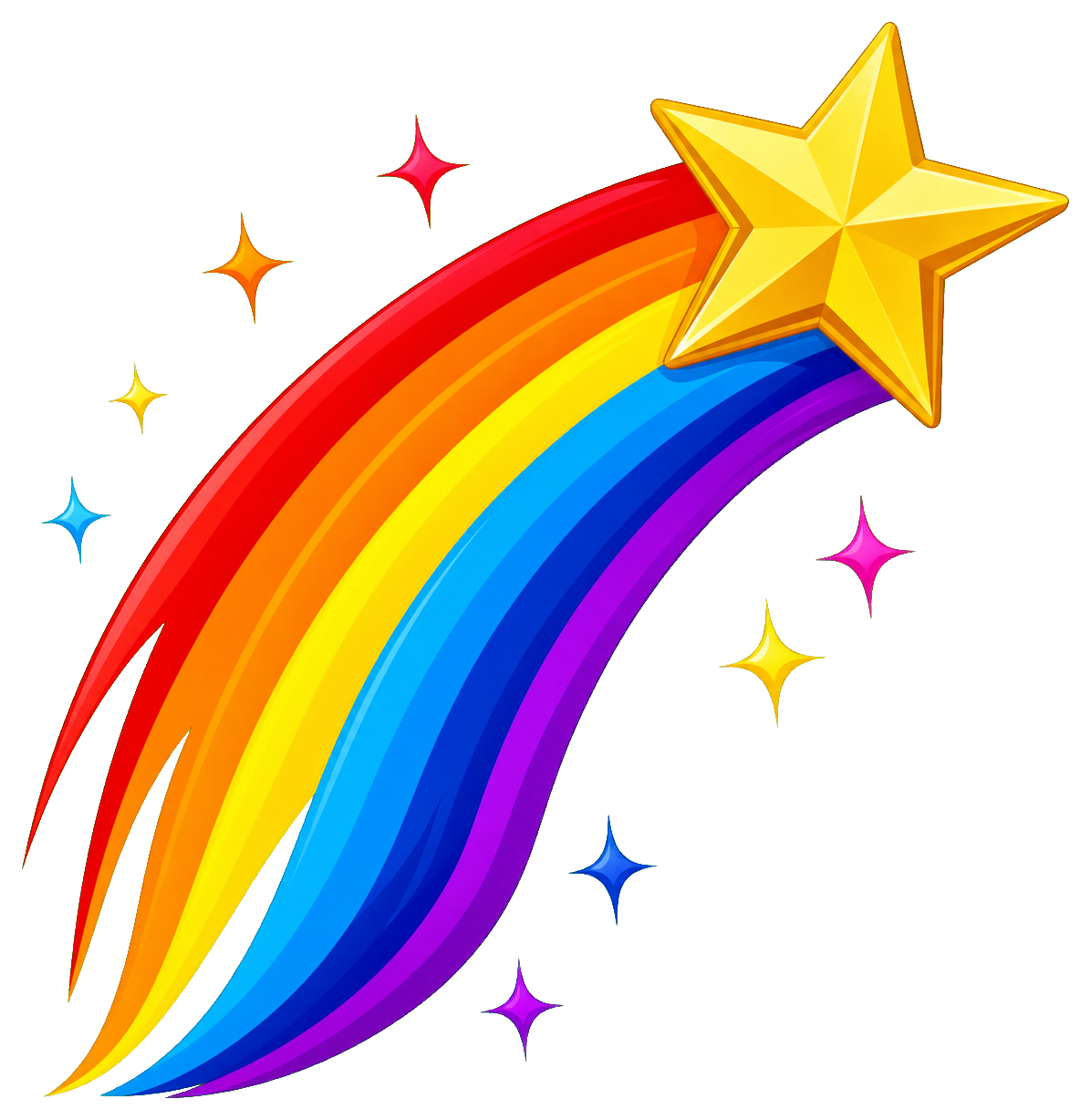 Golden star with a rainbow trail and small colorful sparkles