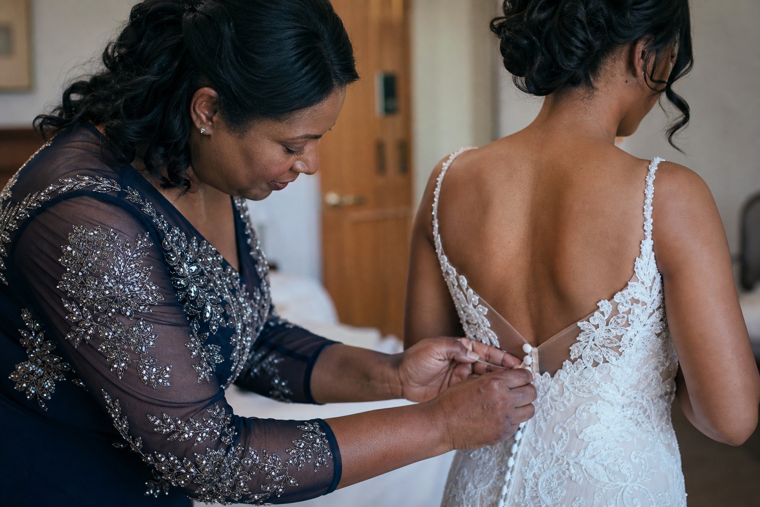 Woman helping adjust the back of a bride’s wedding dress before the ceremony.