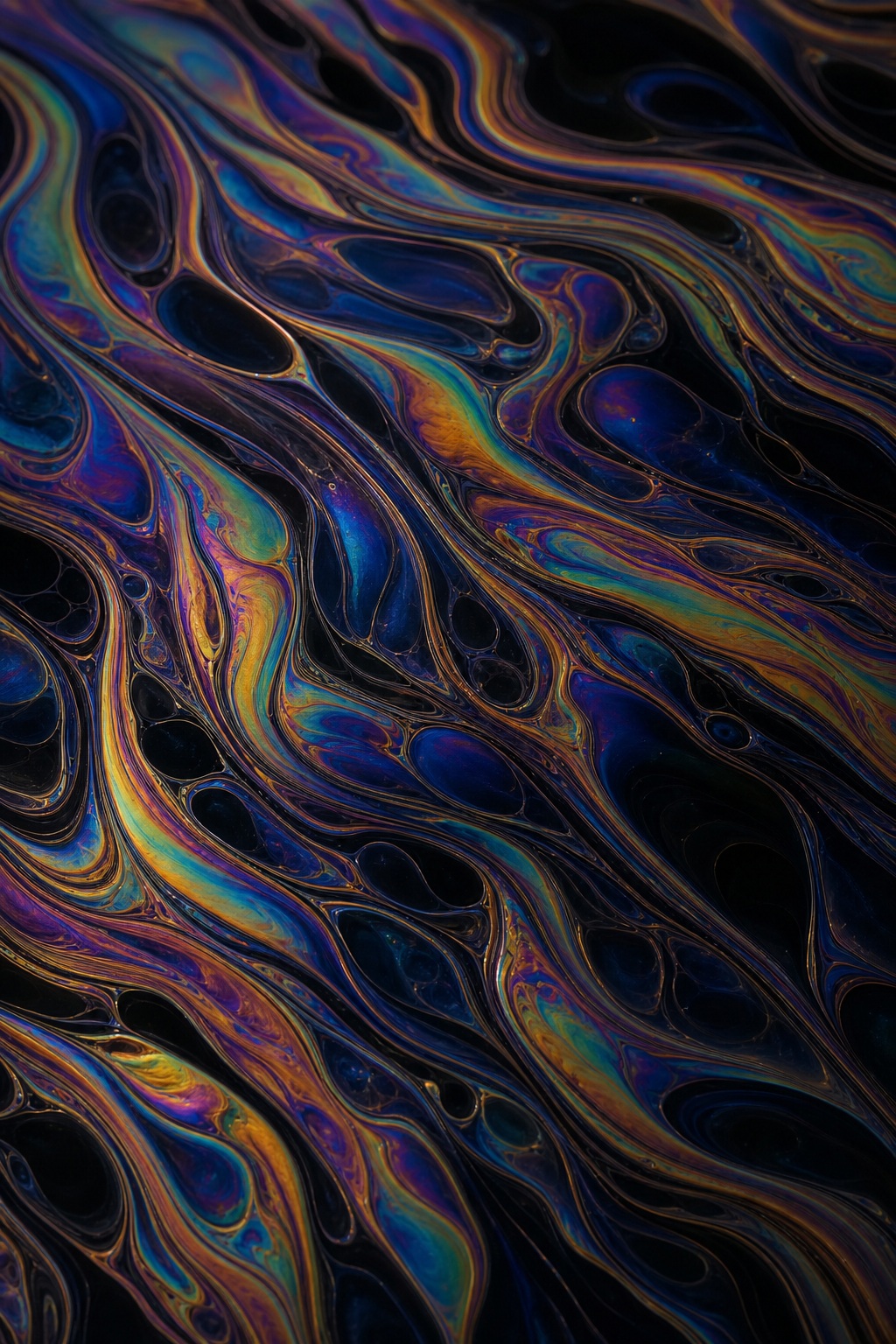 Abstract dark rainbow oil slick texture with flowing ribbon-like cell patterns