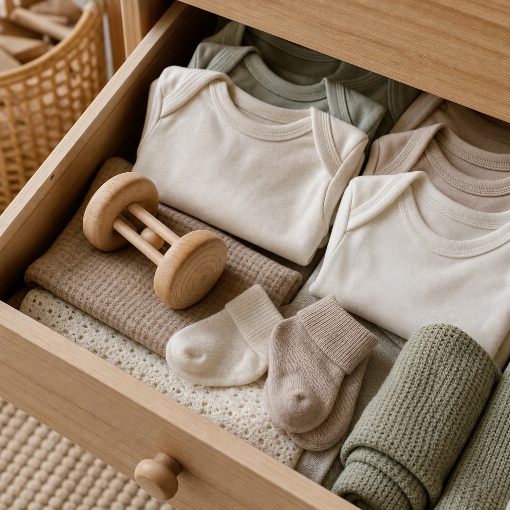 Neatly arranged baby clothes, wooden rattle, and soft nursery essentials in a wooden drawer.