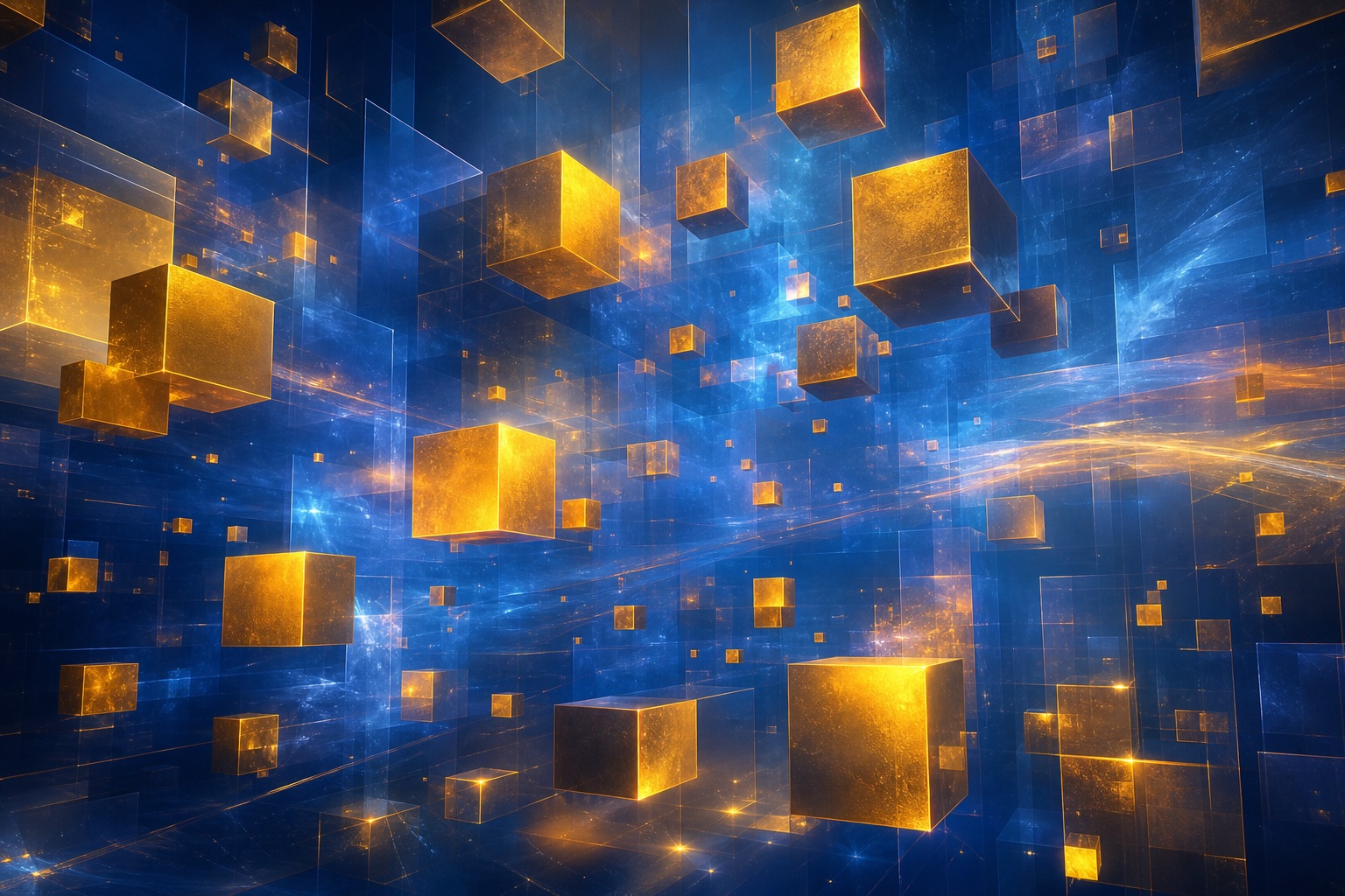 Glowing golden cubes floating above a blue abstract horizon