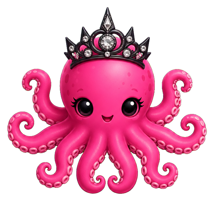 Pink octopus with a jeweled tiara and smiling face