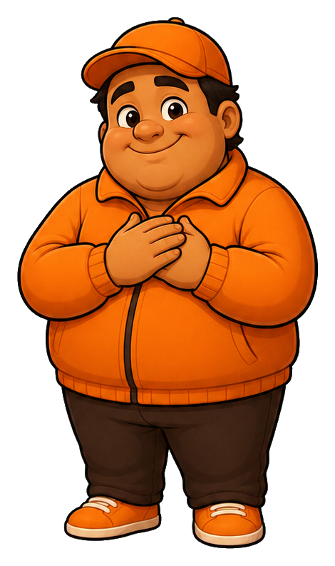 Smiling delivery worker in an orange jacket and cap with hands clasped together