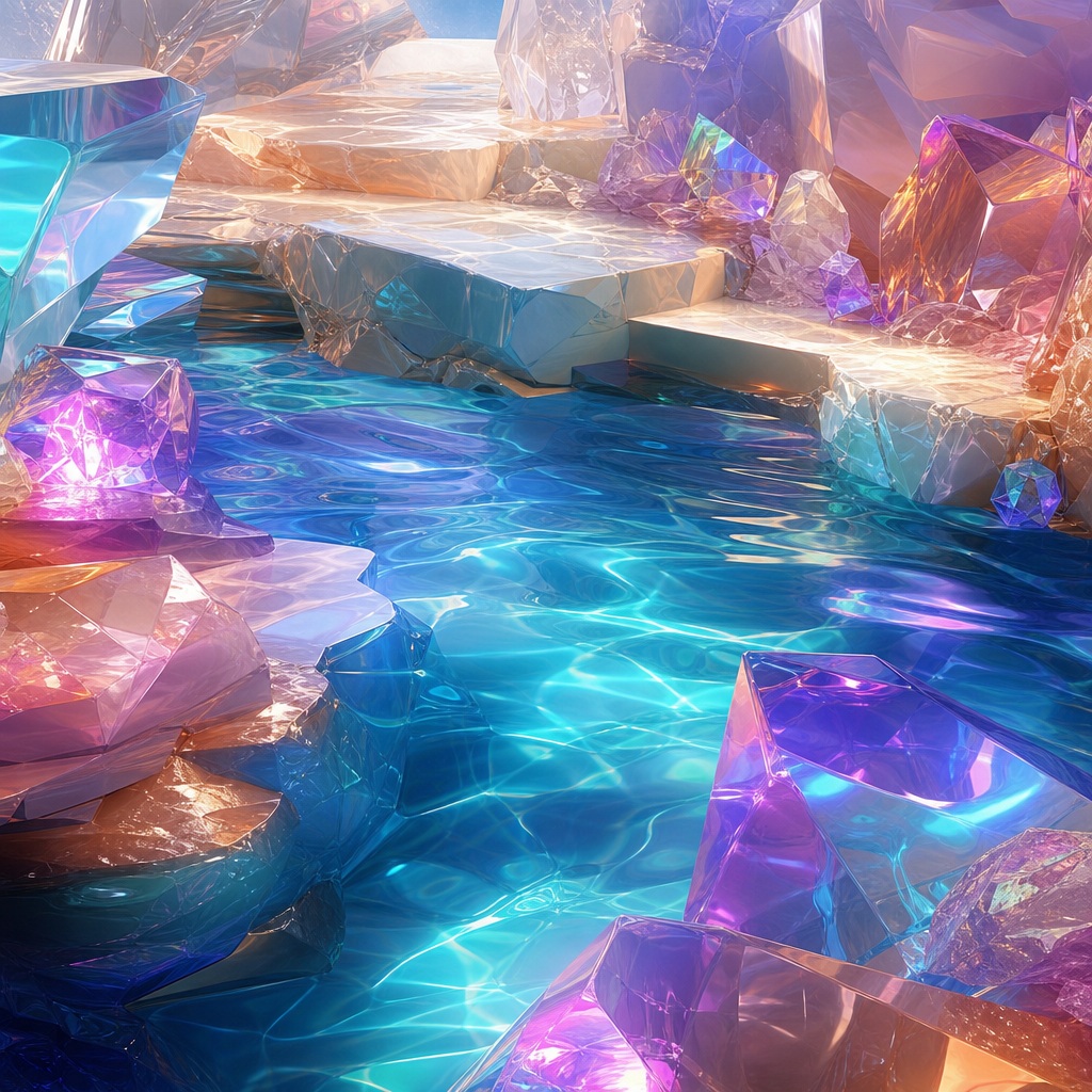 Glossy translucent 3D abstract prisms with blue, pink, and purple light