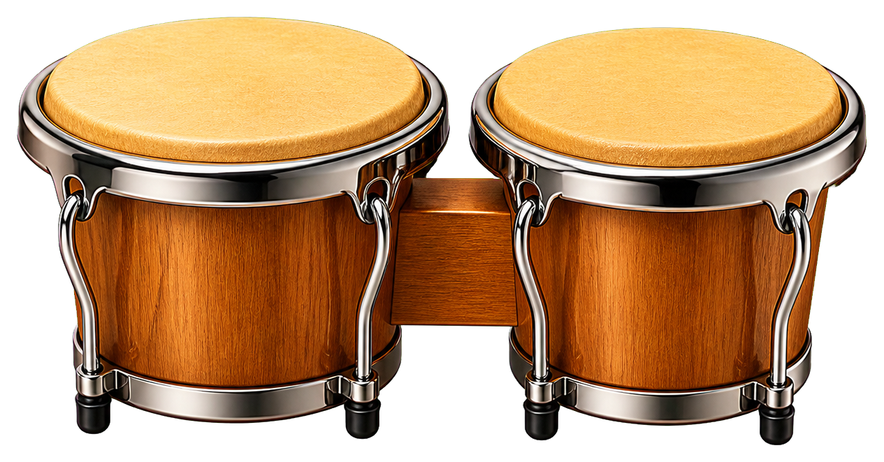 Two brown bongo drums with tan drumheads and silver rims.