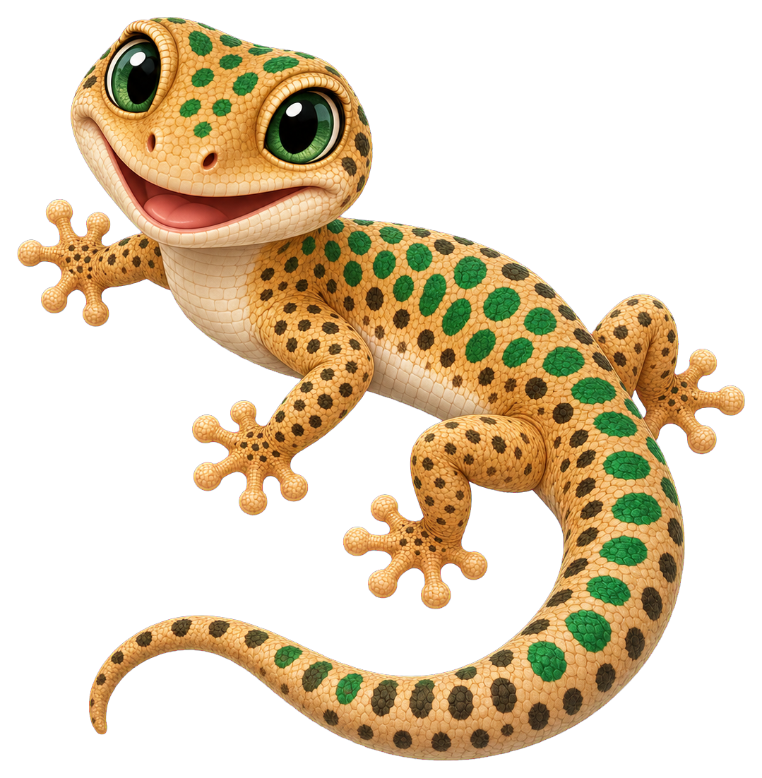 Cute cartoon gecko with green spots and a curled tail