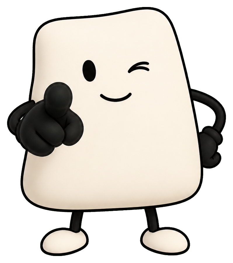 A smiling winking character pointing toward the viewer with one hand.