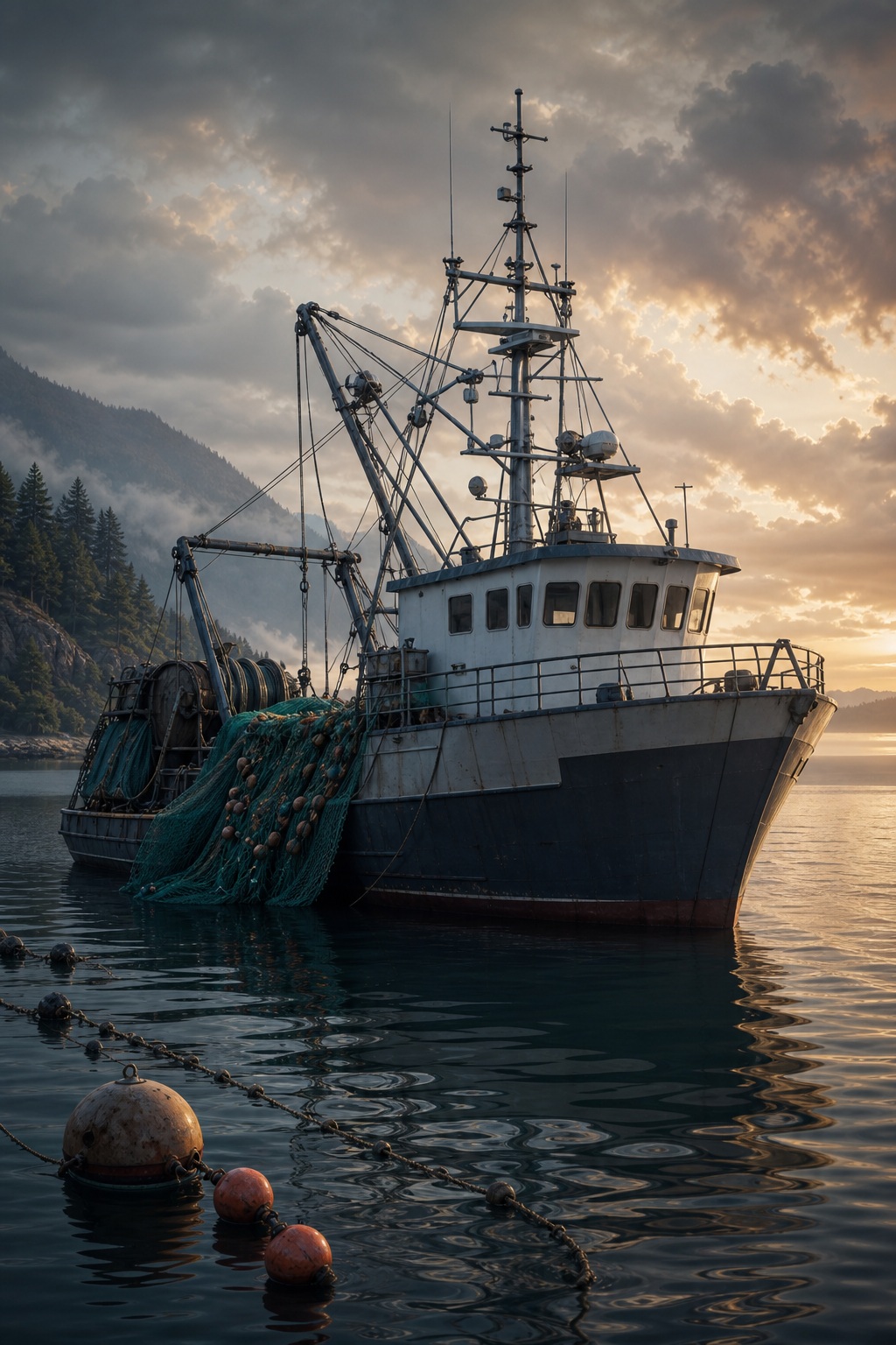 Fishing vessel floating on calm water at sunset with buoys and nets nearby