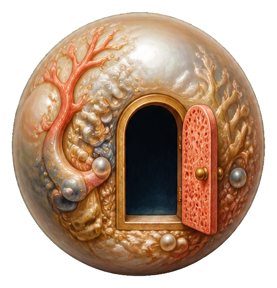 Marble sphere with a small open door revealing a dark interior.
