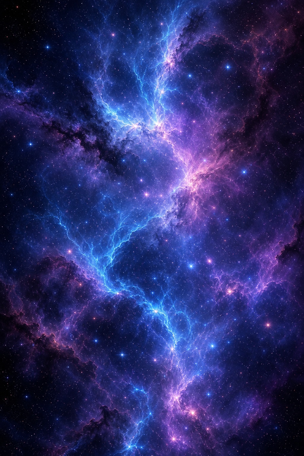 Electric indigo nebula with glowing blue and purple clouds and star-like light.
