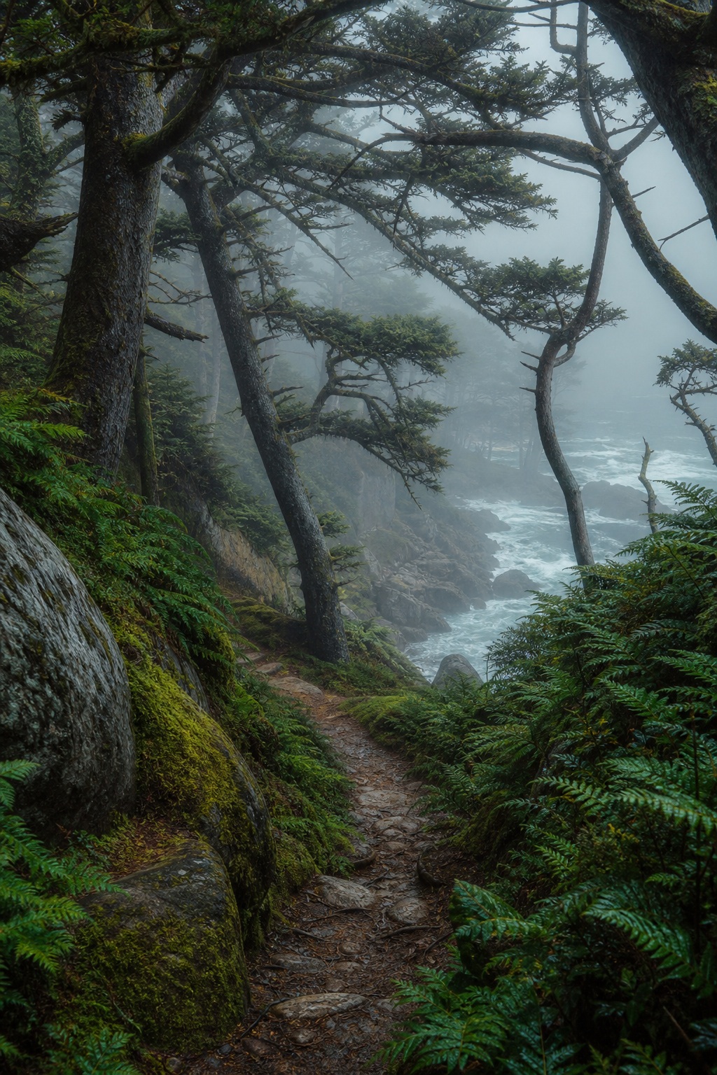 Misty coastal forest path with tall trees, mossy ground, and ocean fog beyond