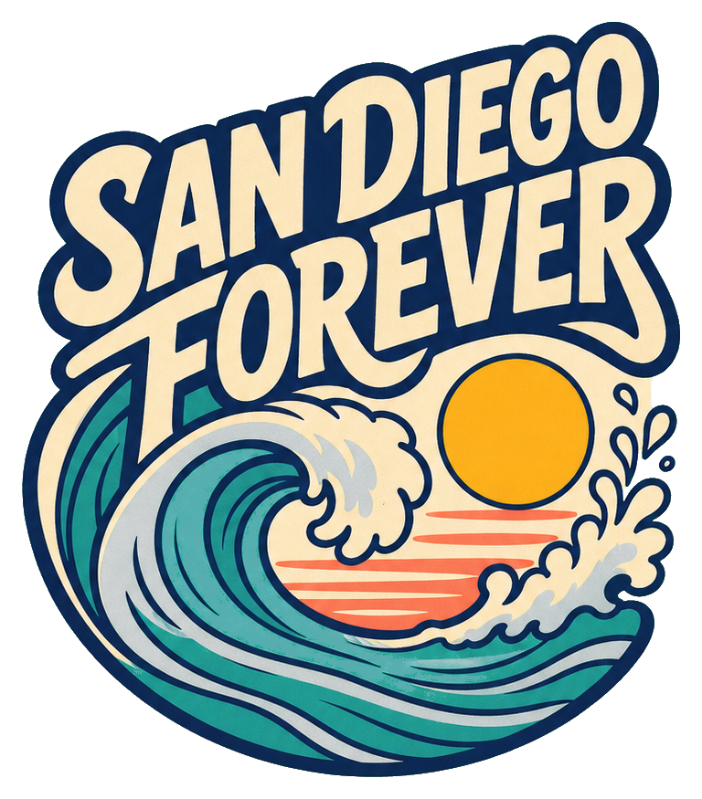 Retro text sticker reading San Diego Forever above a stylized ocean wave and sun.