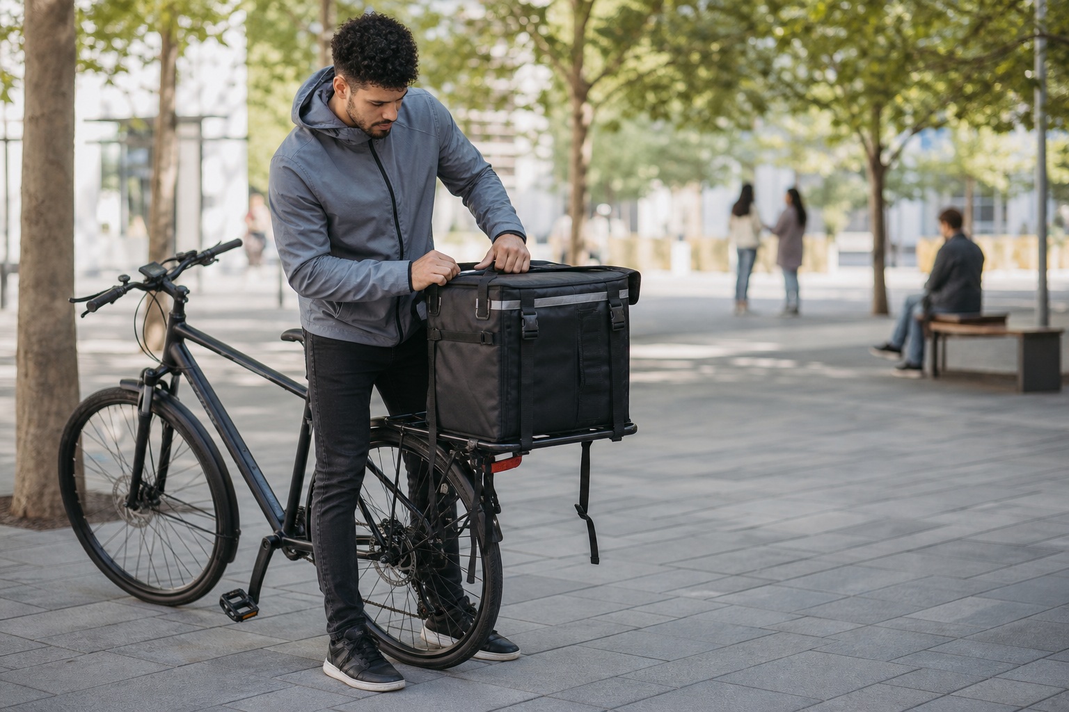Man standing beside a bicycle with a front cargo box on a city sidewalk.