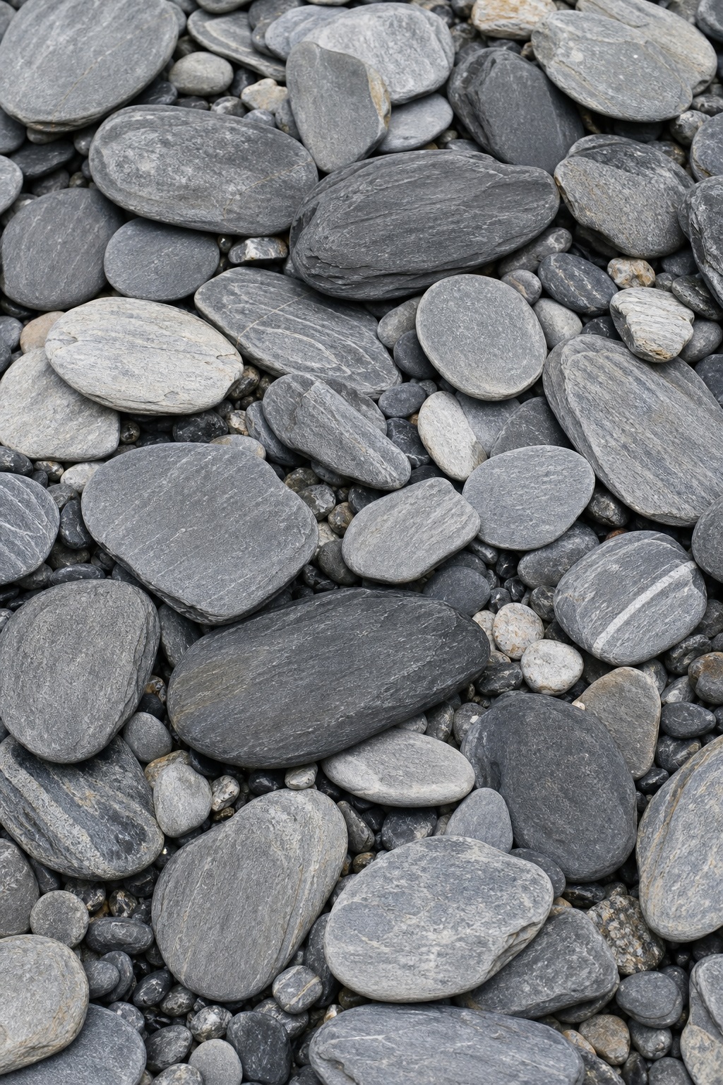 Close-up of smooth gray river stones and slate pebbles in a dense natural pattern.