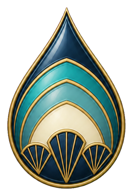 Teal and gold art deco water droplet sticker with a pointed top and fan-like base