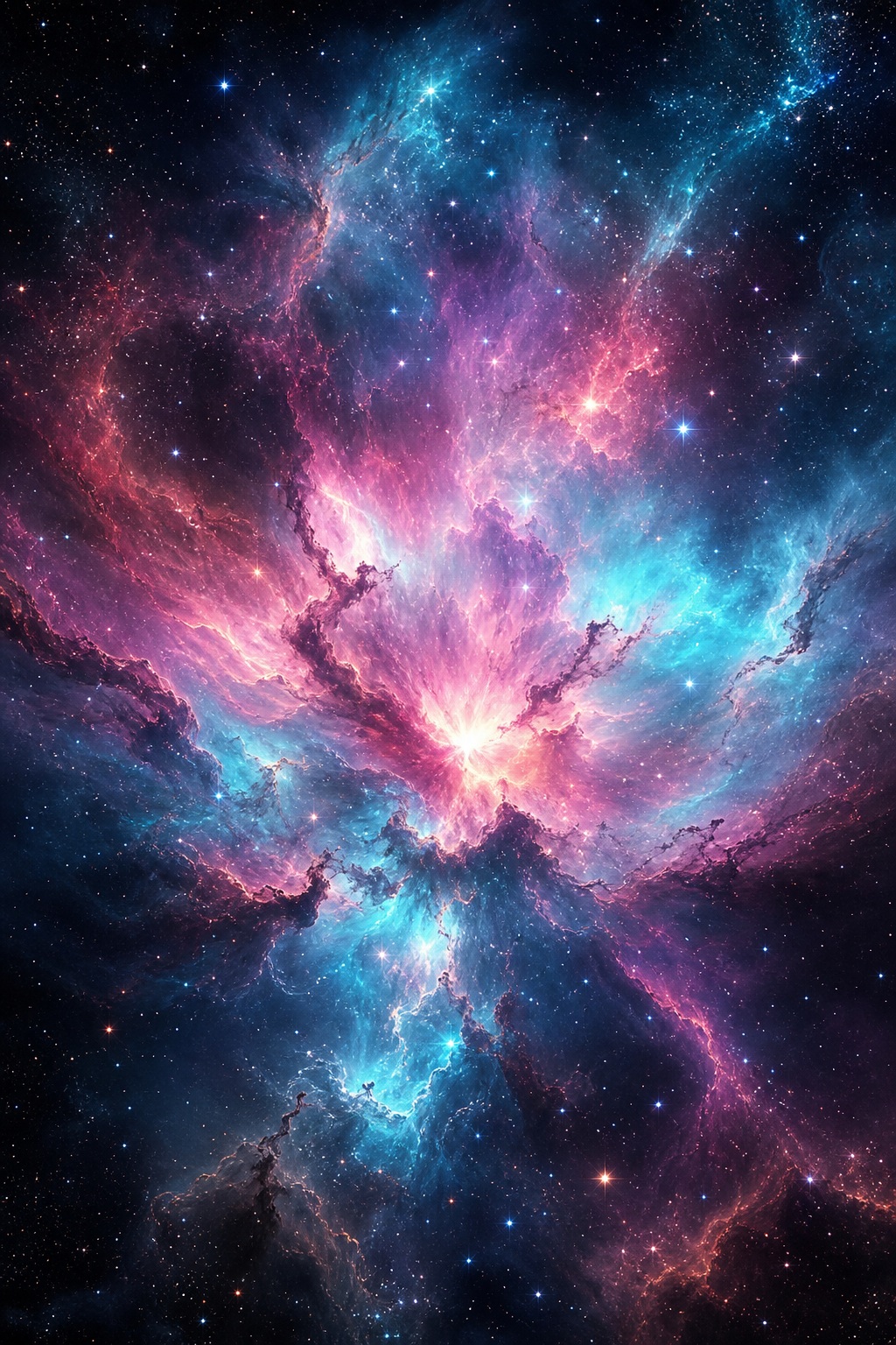 Glowing pink and blue nebula cloud with stars on a dark space background