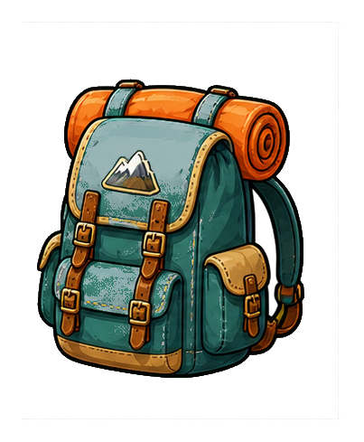 Illustrated teal backpack with orange sleeping mat and mountain patch sticker