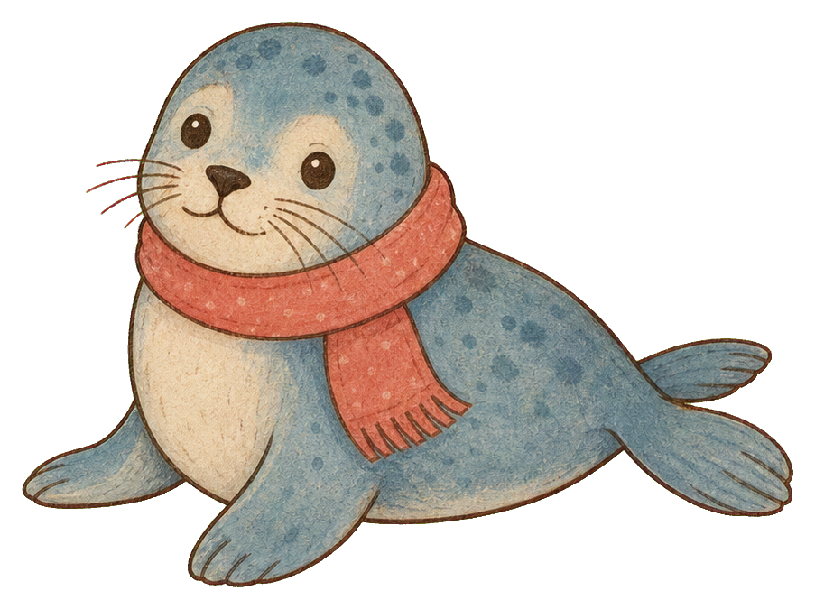 Dusty blue seal wearing a coral scarf in a cozy winter style