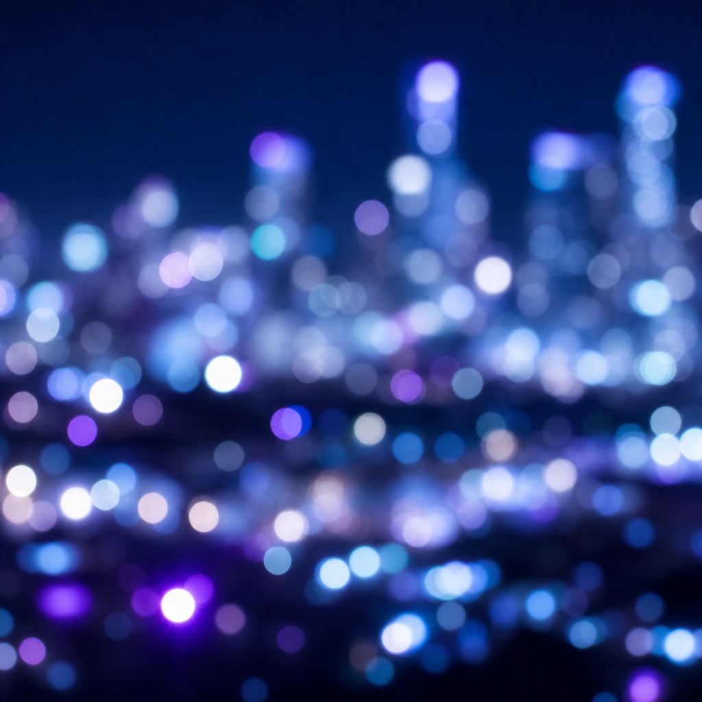 Blurred blue and purple city lights glowing against a dark night background.