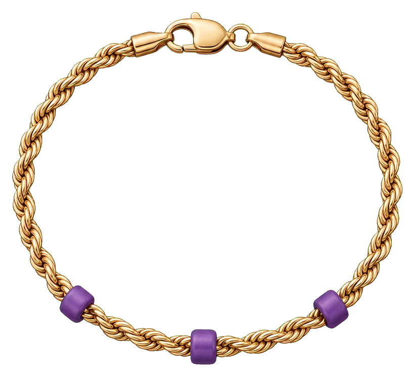 Purple rope chain bracelet with gold rope and purple accents on a transparent background