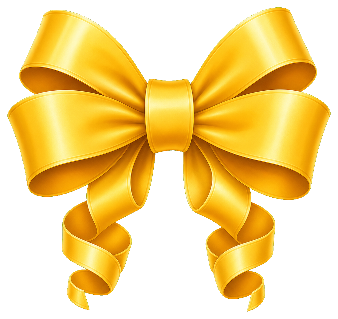 Shiny gold party bow with curled ribbon ends on a transparent background.