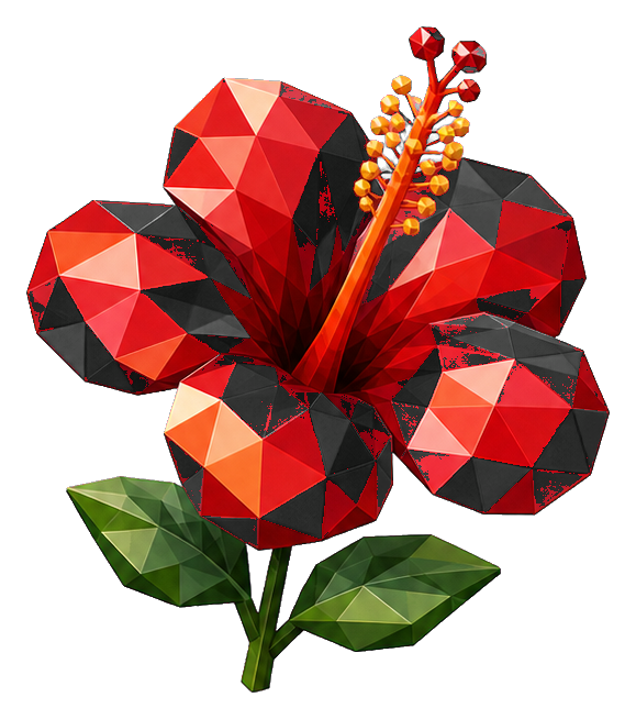 Low poly faceted ruby hibiscus flower with green leaves on a transparent background
