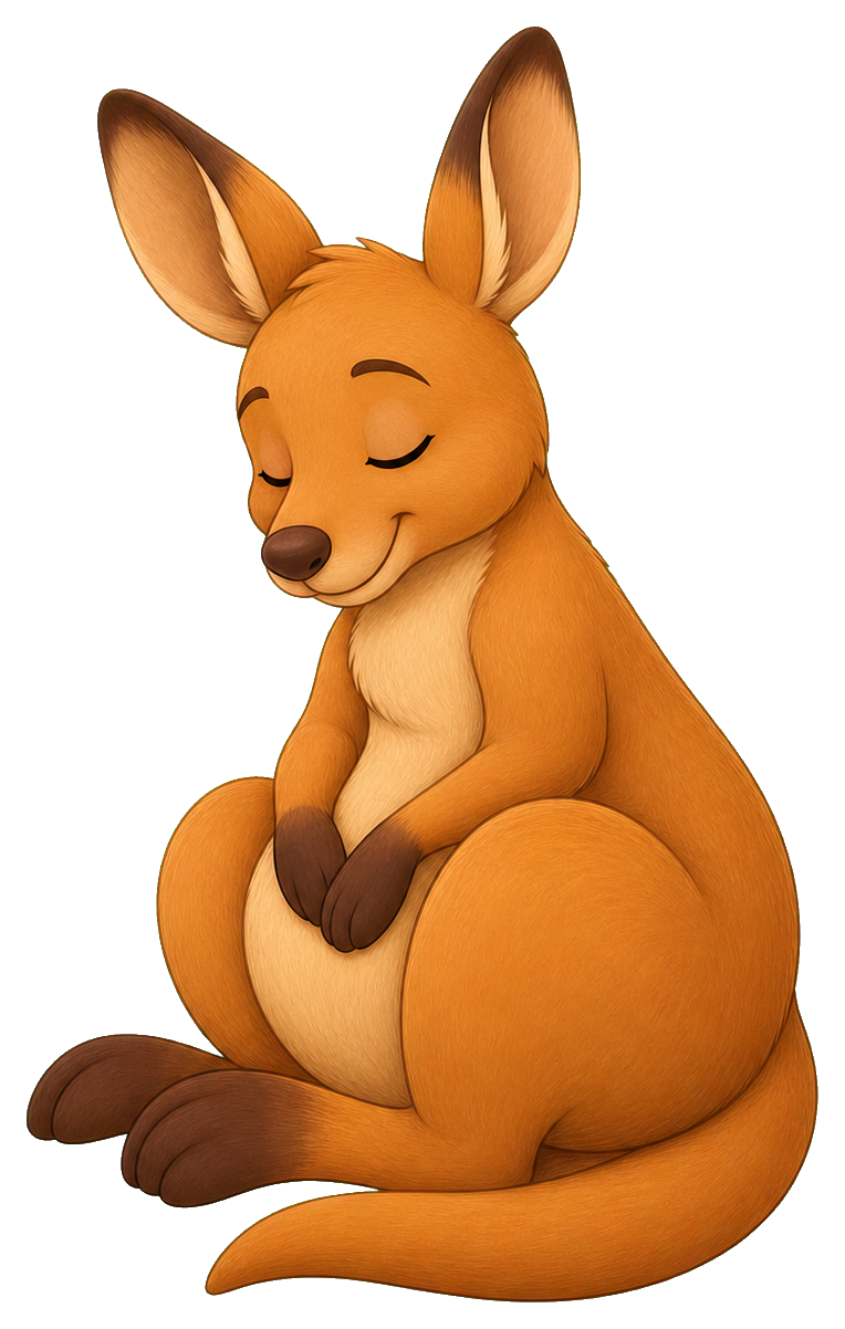 A sleeping kangaroo with closed eyes and curled tail, sitting upright.