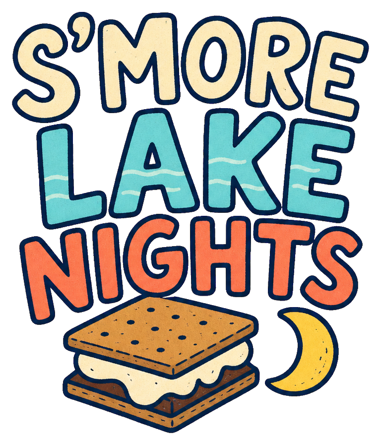 Hand-lettered S'more Lake Nights text with a s'more and crescent moon on dark background
