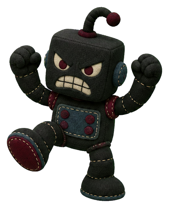 Angry dark plush robot with raised fists and a scowling face in an action pose.