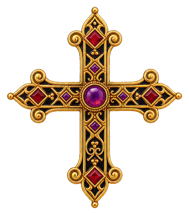 Ornamental gold Byzantine cross with red and purple gem accents