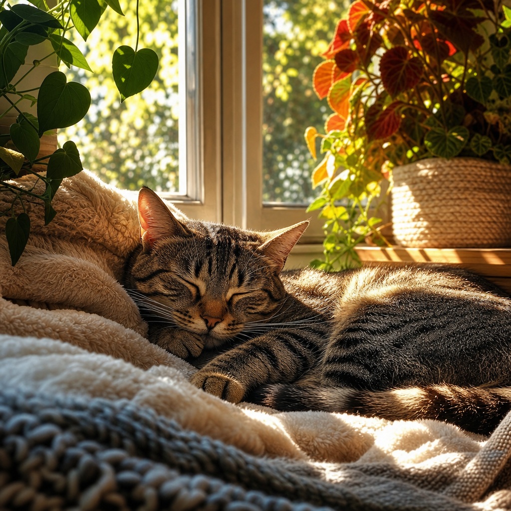 Tabby cat resting on a blanket beside a sunlit window with plants nearby