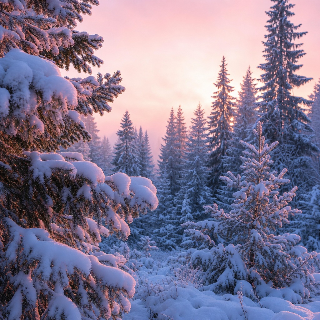 Preview for Pink Dawn Snowy Pine Forest Background