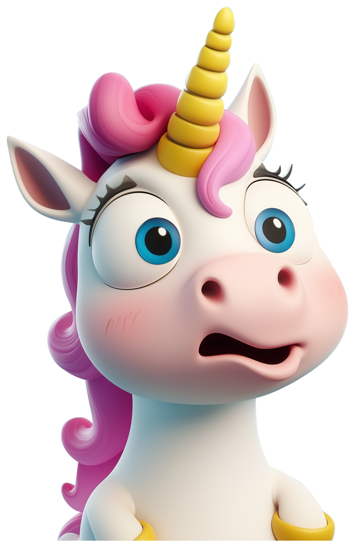 Cute cartoon unicorn head with pink mane, yellow horn, and wide blue eyes.