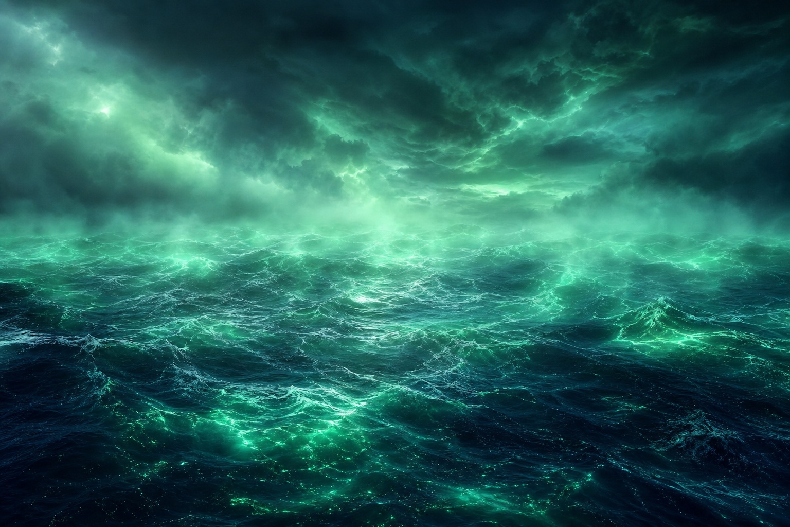 Emerald-green ocean waves under a dark horizon with misty light and vaporous sky