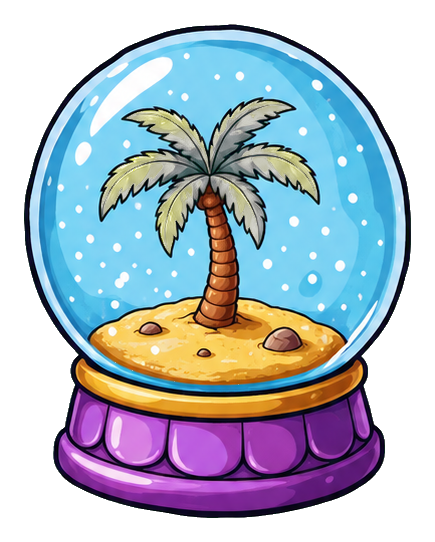 A palm tree inside a purple snow globe with falling white dots and a sandy base.