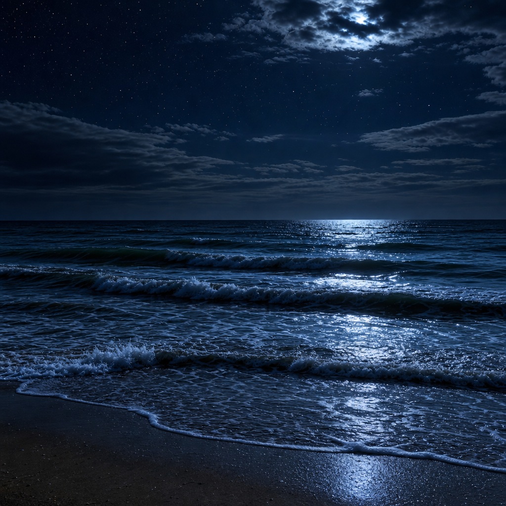 Moonlight reflecting on gentle ocean waves under a dark night sky.