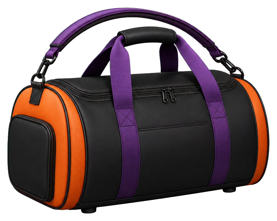 Orange and black sports duffel bag with purple straps and trim