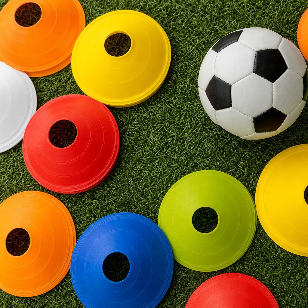 Soccer ball and colorful training discs arranged on green turf background