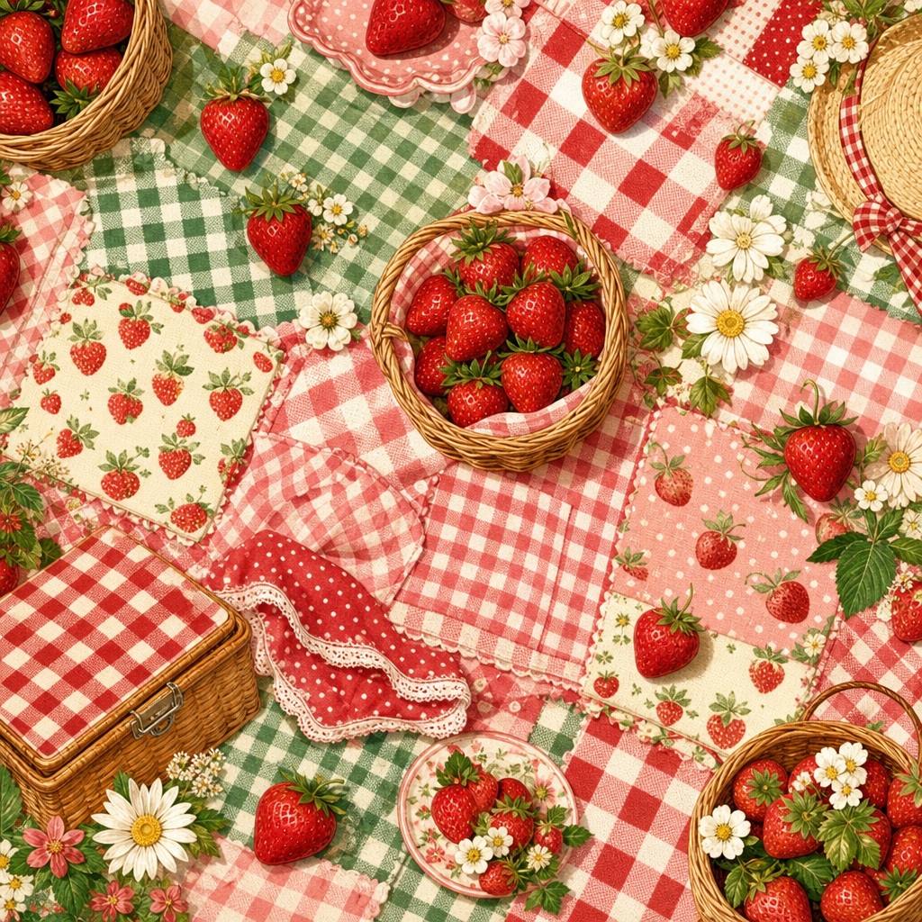 Retro picnic pattern with strawberries, checkered cloth, daisies, and picnic baskets.