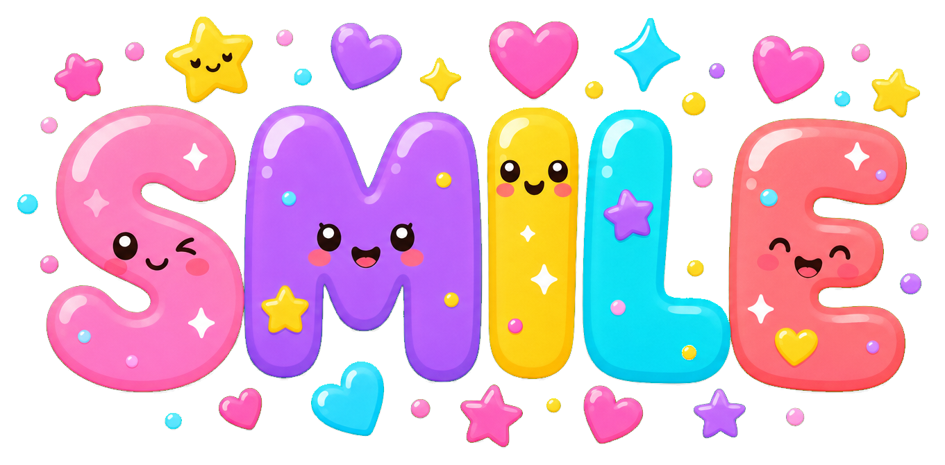 Colorful kawaii word art spelling Smile with stars and heart accents
