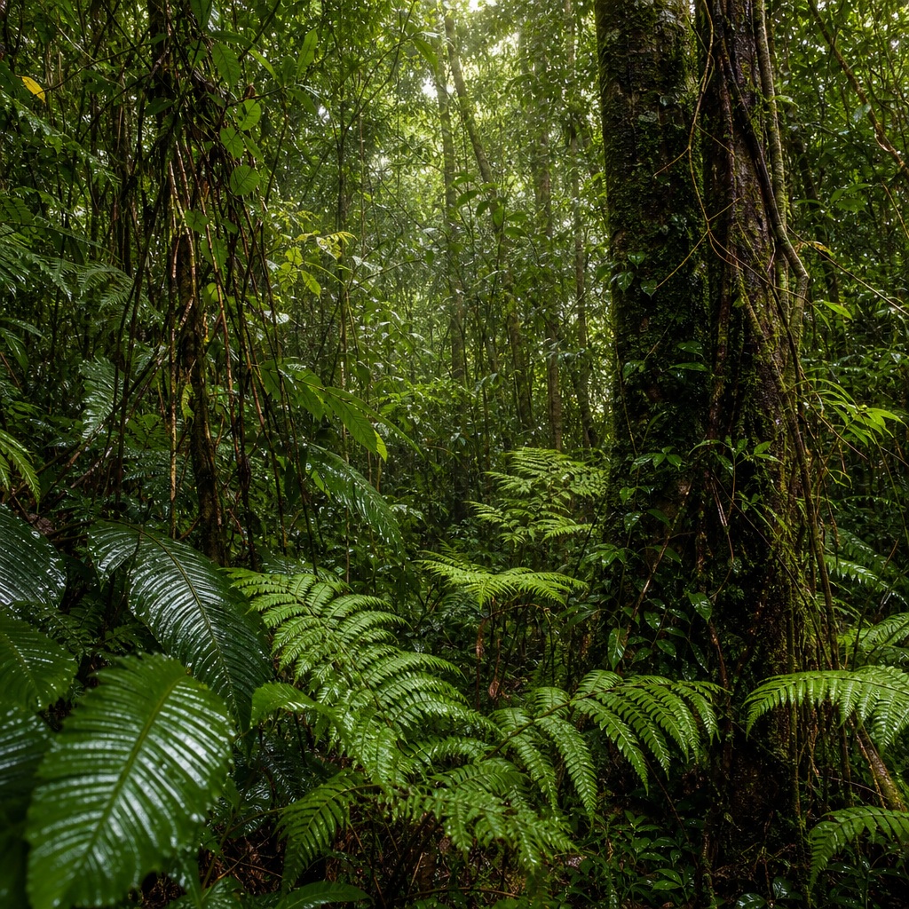 Dense rainforest canopy with tall trees, lush ferns, and a wet green understory.