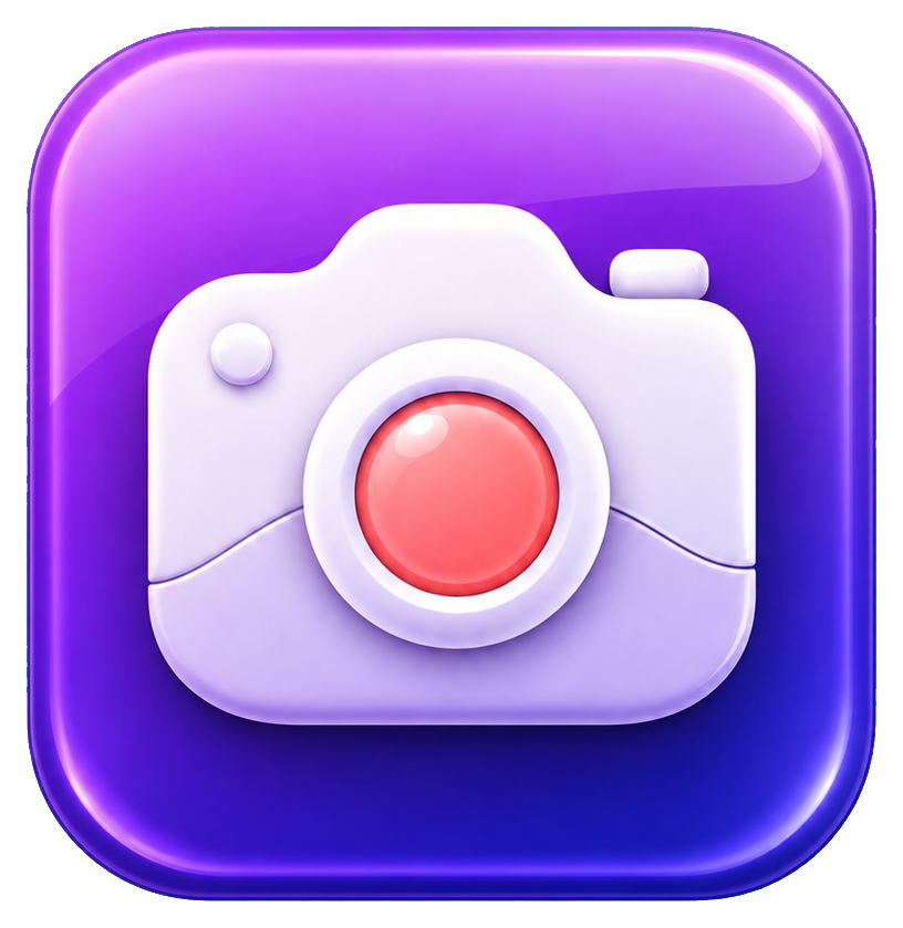 Glossy purple camera app icon with a red shutter button