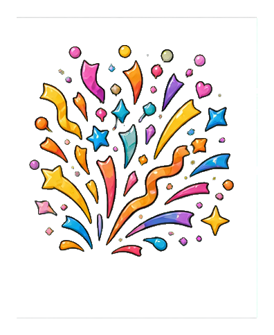 Rainbow confetti burst with colorful sparkles and curved streamers on a dark background
