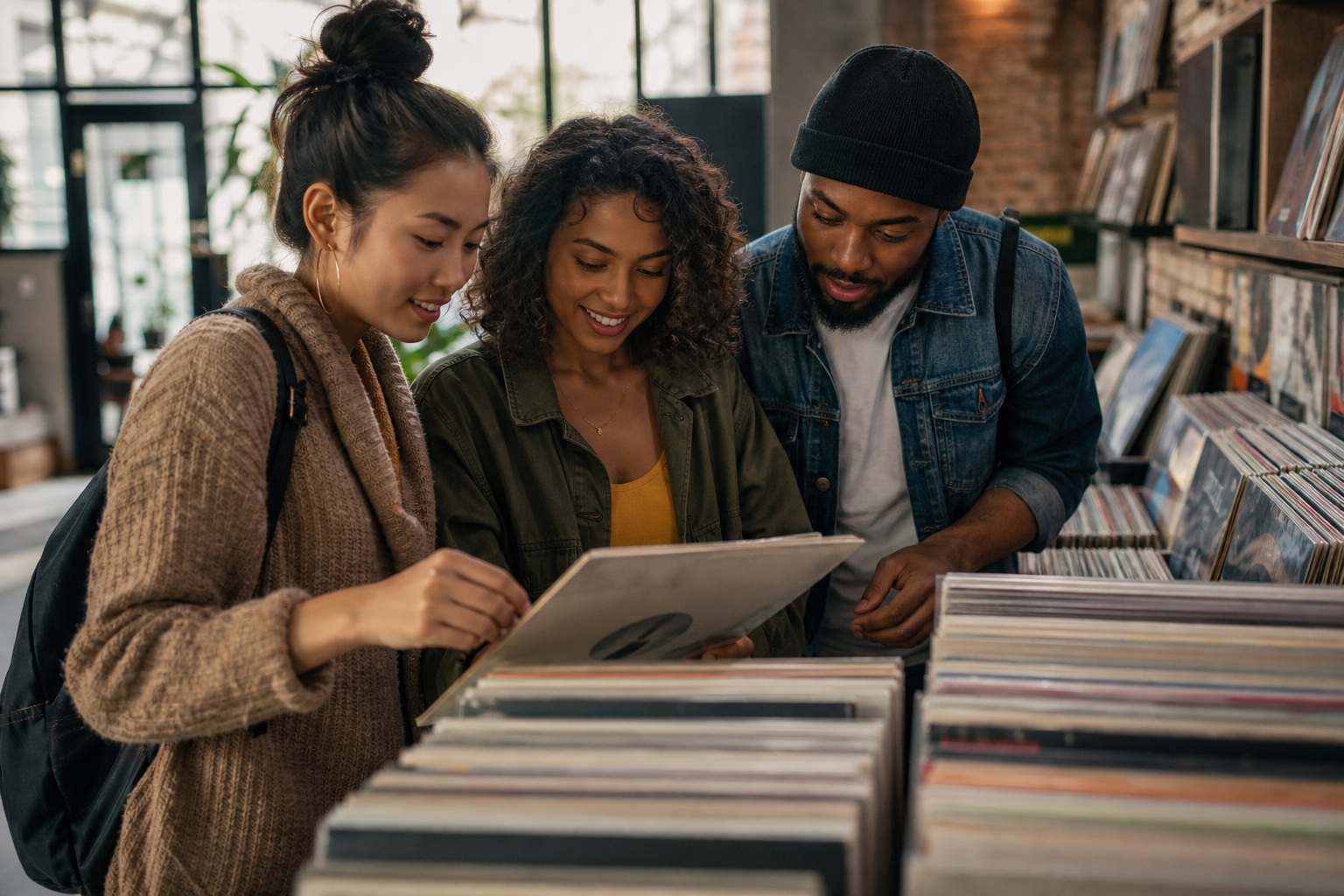 Three friends browsing vinyl records together in a record shop.