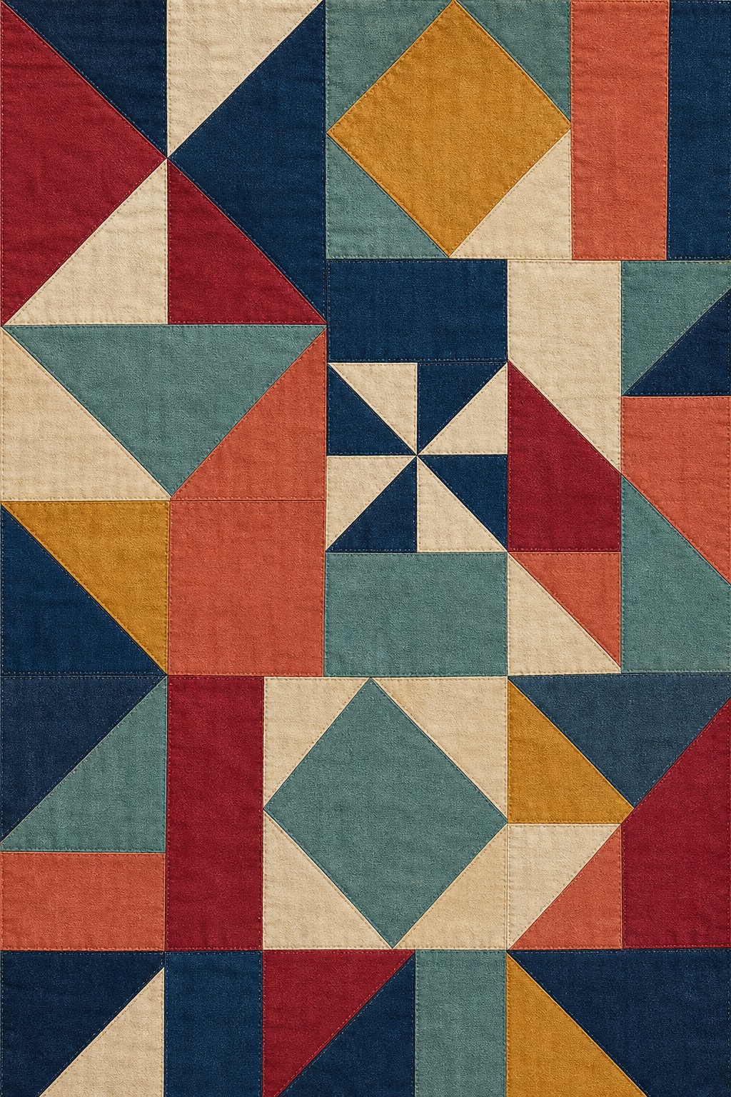 Colorful geometric patchwork quilt pattern with stitched fabric blocks