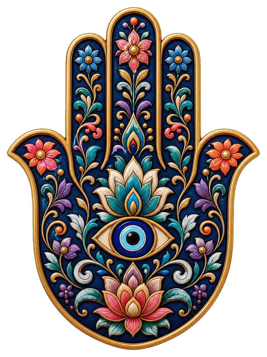 Colorful hamsa hand with an eye and floral patterns on a dark background