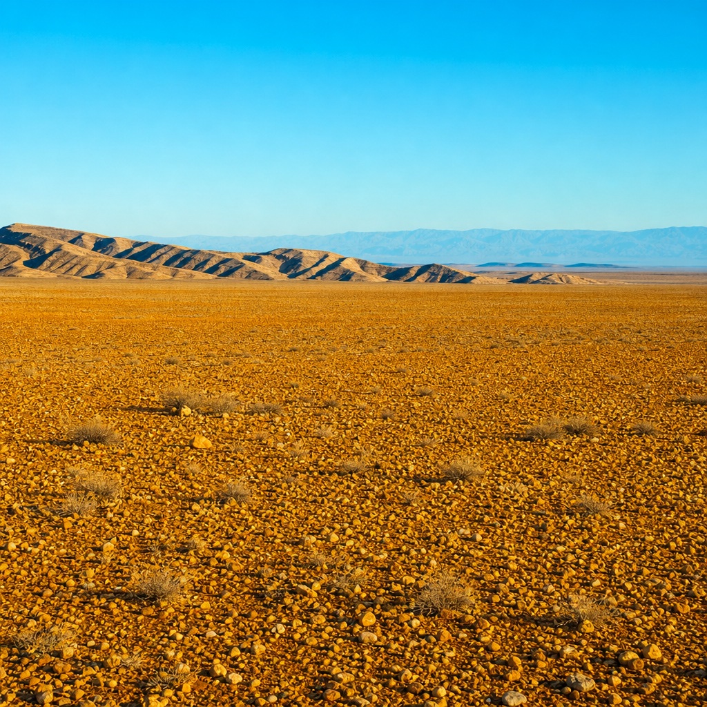 Wide amber gravel desert plain with distant low mountains under a clear blue sky.