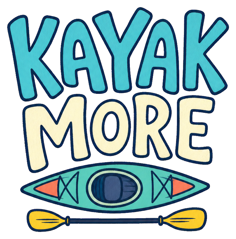 Hand lettered Kayak More sticker with a kayak graphic and paddles.