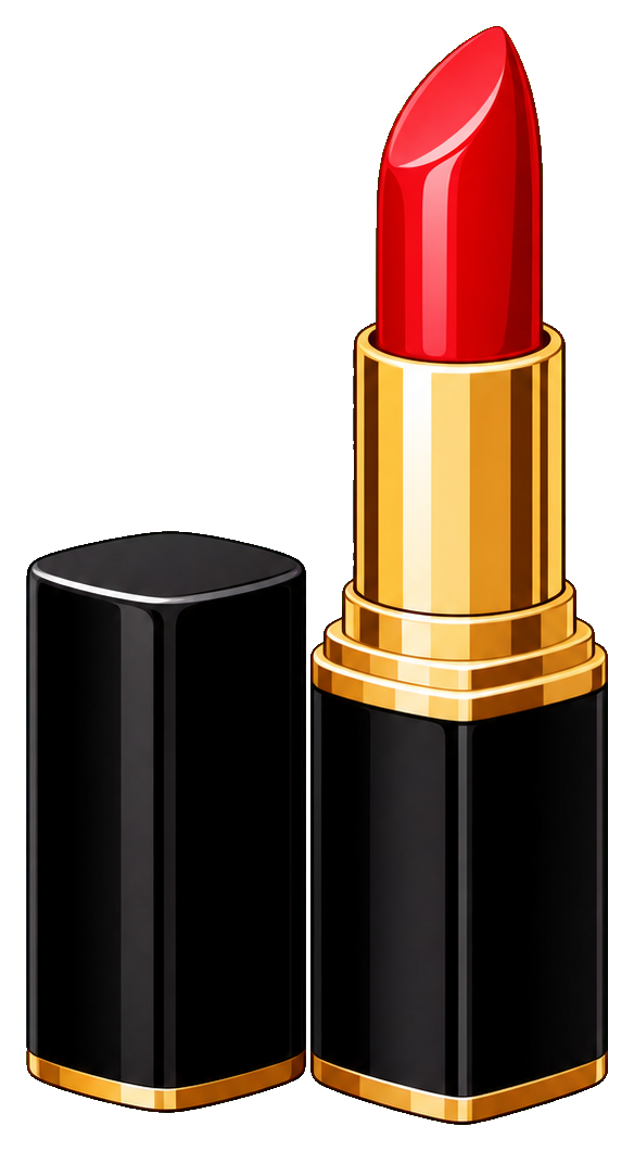 Red lipstick in a black and gold tube with the cap beside it