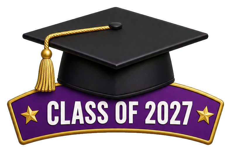Black graduation cap above a purple Class of 2027 banner emblem.